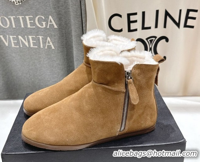 Stylish Alaia Suede and Wool Flat Ankle Boots 2026 AL102903 Dark Beige