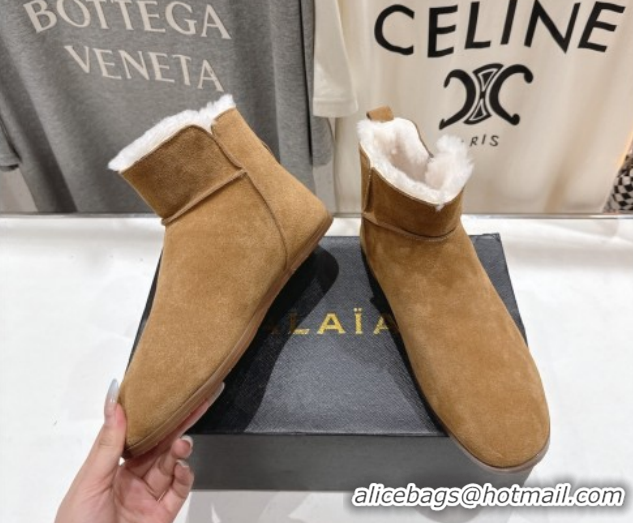 Stylish Alaia Suede and Wool Flat Ankle Boots 2026 AL102903 Dark Beige