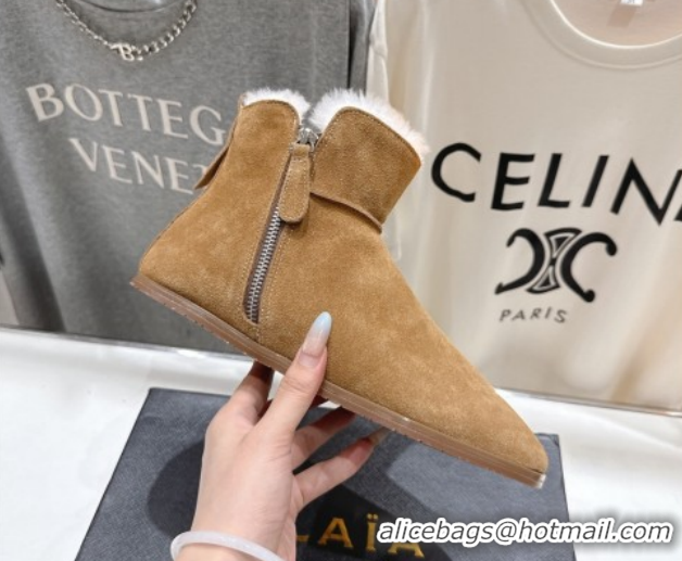 Stylish Alaia Suede and Wool Flat Ankle Boots 2026 AL102903 Dark Beige