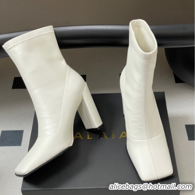 Shop Duplicate Alaia Square Heel Ankle Boots 10cm in Calf Leather 2026 AL102904 White