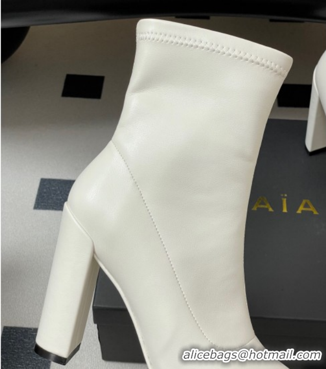 Shop Duplicate Alaia Square Heel Ankle Boots 10cm in Calf Leather 2026 AL102904 White