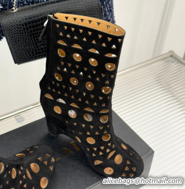 Sumptuous Alaia Openwork Suede Wedge Ankle Boots 2026 AL102906 Black