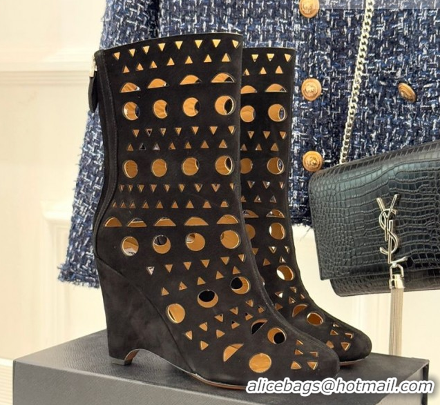 Sumptuous Alaia Openwork Suede Wedge Ankle Boots 2026 AL102906 Black