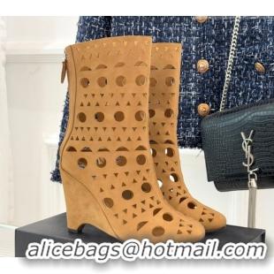Purchase Alaia Openwork Suede Wedge Ankle Boots 2026 AL102906 Yellow