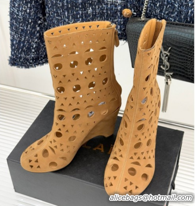 Purchase Alaia Openwork Suede Wedge Ankle Boots 2026 AL102906 Yellow