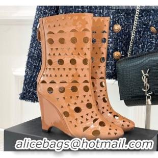 Stylish Alaia Openwork Pendant Leather Wedge Ankle Boots 2026 AL102906 Brown