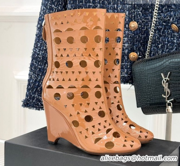 Stylish Alaia Openwork Pendant Leather Wedge Ankle Boots 2026 AL102906 Brown