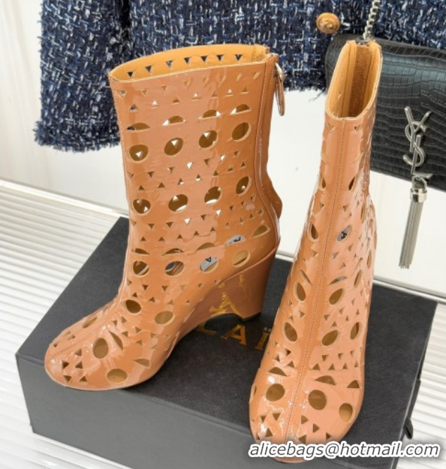 Stylish Alaia Openwork Pendant Leather Wedge Ankle Boots 2026 AL102906 Brown
