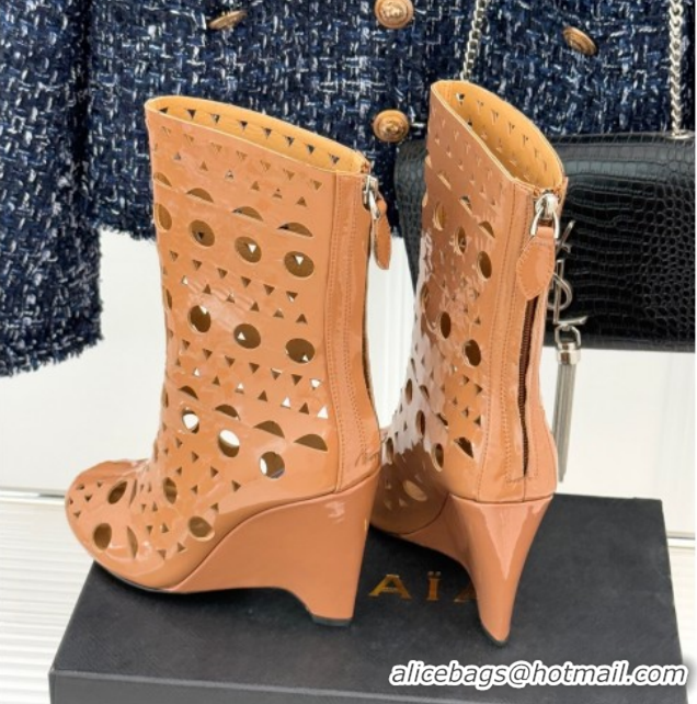 Stylish Alaia Openwork Pendant Leather Wedge Ankle Boots 2026 AL102906 Brown