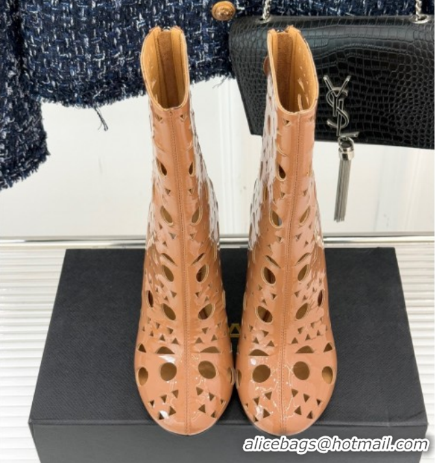 Stylish Alaia Openwork Pendant Leather Wedge Ankle Boots 2026 AL102906 Brown