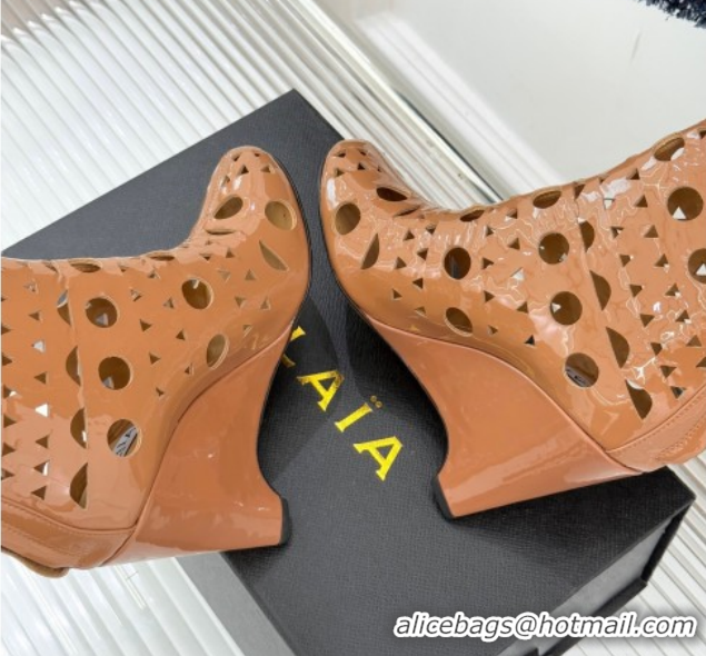 Stylish Alaia Openwork Pendant Leather Wedge Ankle Boots 2026 AL102906 Brown