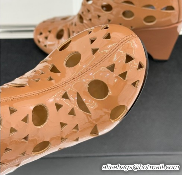 Stylish Alaia Openwork Pendant Leather Wedge Ankle Boots 2026 AL102906 Brown