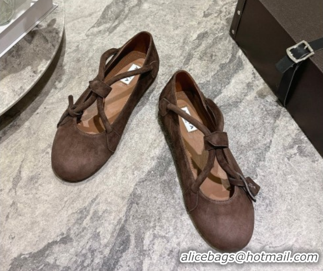 Duplicate Alaia Le Teckel Ballet Flats in Suede with Cross Strap 2026 AL102907 Brown