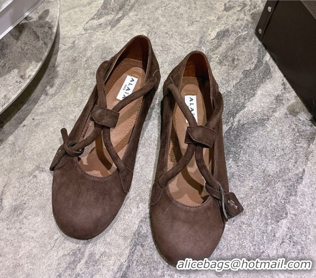 Duplicate Alaia Le Teckel Ballet Flats in Suede with Cross Strap 2026 AL102907 Brown