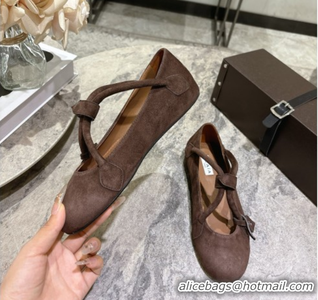 Duplicate Alaia Le Teckel Ballet Flats in Suede with Cross Strap 2026 AL102907 Brown