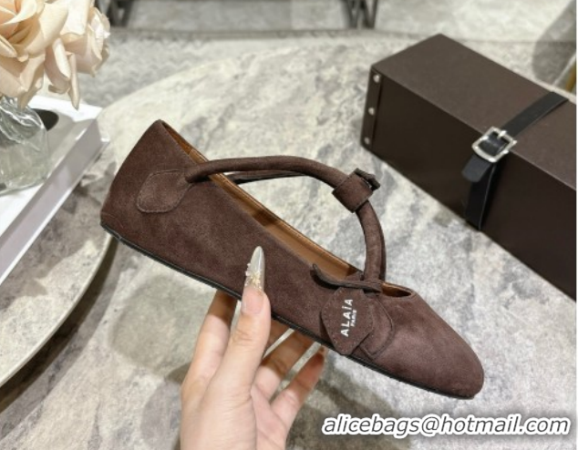 Duplicate Alaia Le Teckel Ballet Flats in Suede with Cross Strap 2026 AL102907 Brown