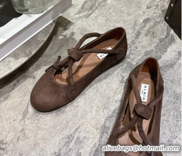 Duplicate Alaia Le Teckel Ballet Flats in Suede with Cross Strap 2026 AL102907 Brown