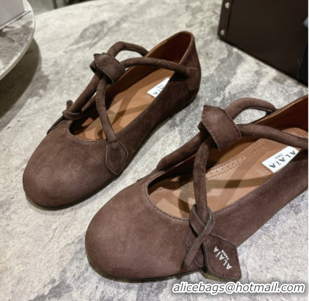 Duplicate Alaia Le Teckel Ballet Flats in Suede with Cross Strap 2026 AL102907 Brown