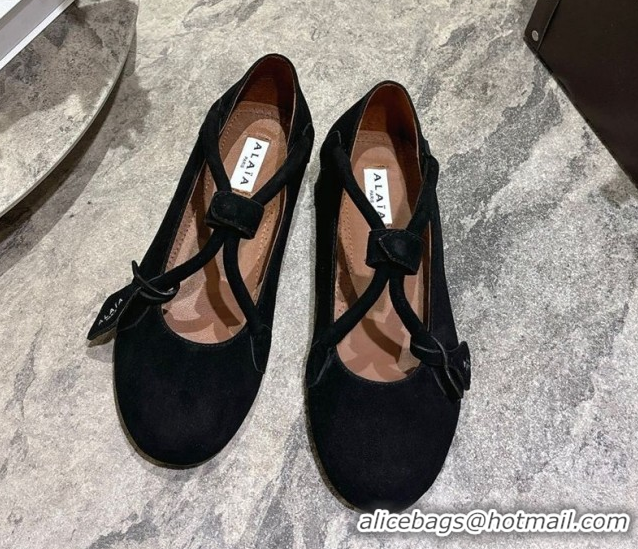 Most Popular Alaia Le Teckel Ballet Flats in Suede with Cross Strap 2026 AL102907 Black