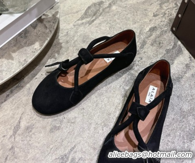 Most Popular Alaia Le Teckel Ballet Flats in Suede with Cross Strap 2026 AL102907 Black
