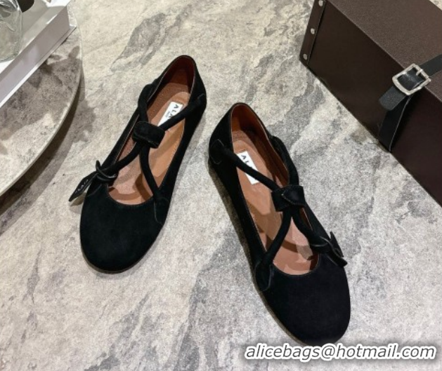 Most Popular Alaia Le Teckel Ballet Flats in Suede with Cross Strap 2026 AL102907 Black