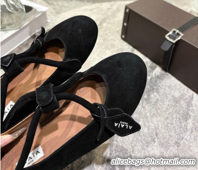 Most Popular Alaia Le Teckel Ballet Flats in Suede with Cross Strap 2026 AL102907 Black