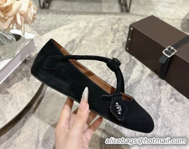 Most Popular Alaia Le Teckel Ballet Flats in Suede with Cross Strap 2026 AL102907 Black