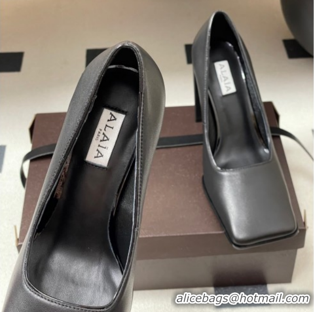 Luxurious Alaia Square Pumps 10cm in Calf Leather 2026 AL102908 Black