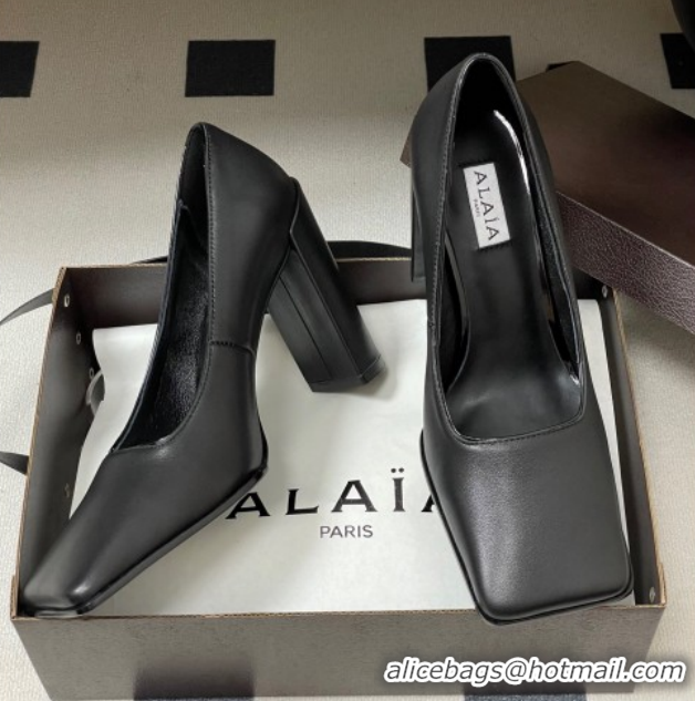 Luxurious Alaia Square Pumps 10cm in Calf Leather 2026 AL102908 Black