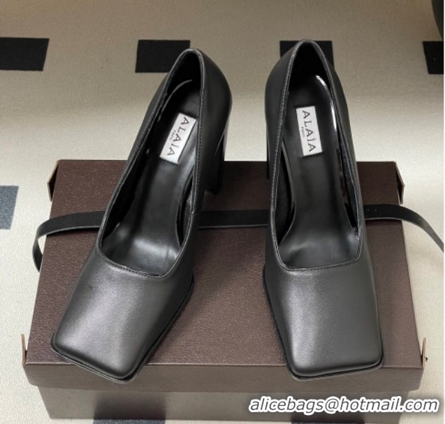 Luxurious Alaia Square Pumps 10cm in Calf Leather 2026 AL102908 Black