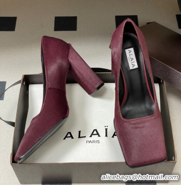 Good Quality Alaia Square Pumps 10cm in Haircalf Burgundy AL102908 1029133