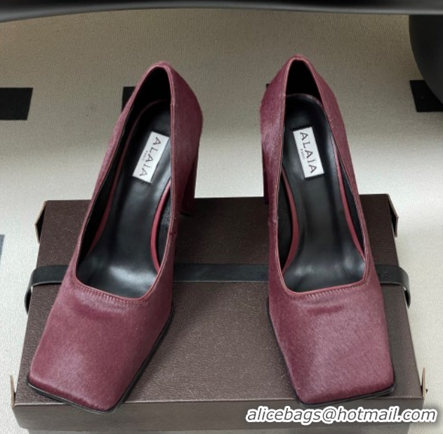 Good Quality Alaia Square Pumps 10cm in Haircalf Burgundy AL102908 1029133