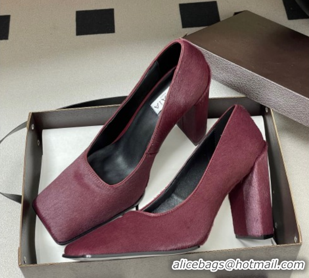 Good Quality Alaia Square Pumps 10cm in Haircalf Burgundy AL102908 1029133