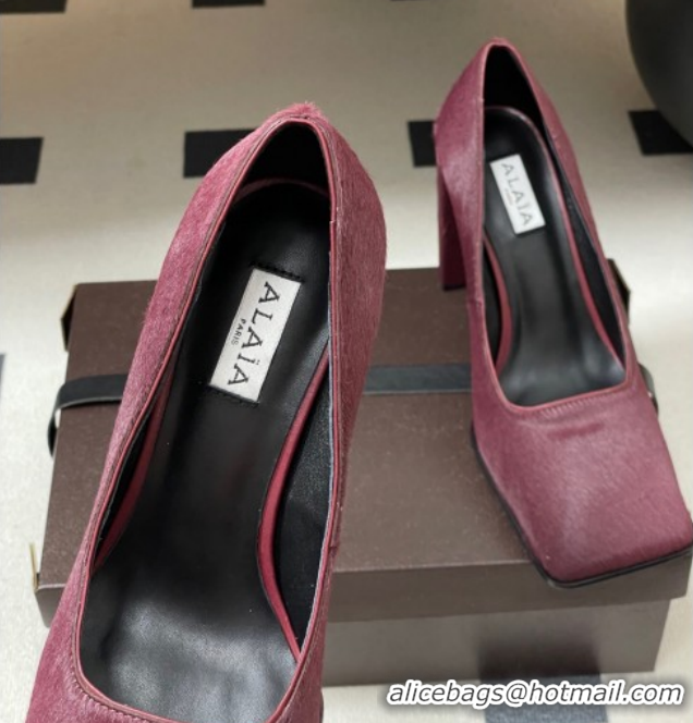 Good Quality Alaia Square Pumps 10cm in Haircalf Burgundy AL102908 1029133