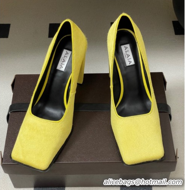 Grade Quality Alaia Square Pumps 10cm in Haircalf Yellow AL102908 1029134