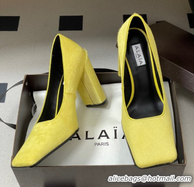 Grade Quality Alaia Square Pumps 10cm in Haircalf Yellow AL102908 1029134