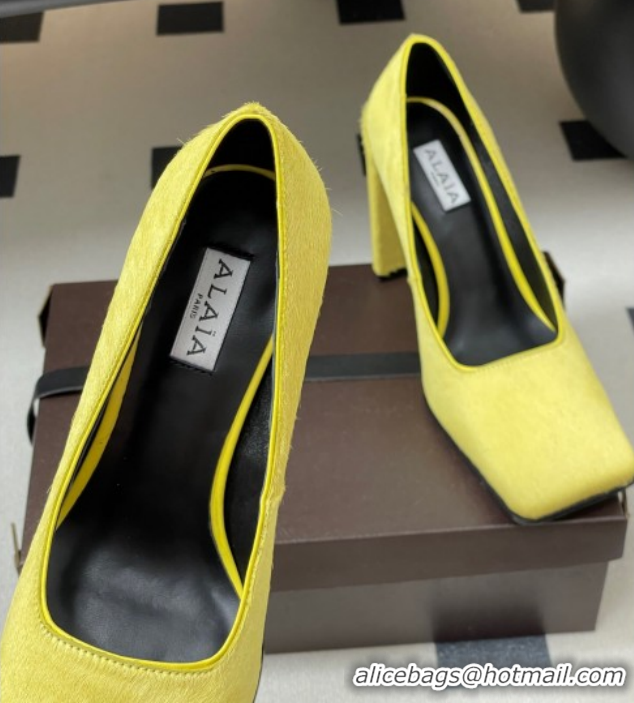 Grade Quality Alaia Square Pumps 10cm in Haircalf Yellow AL102908 1029134