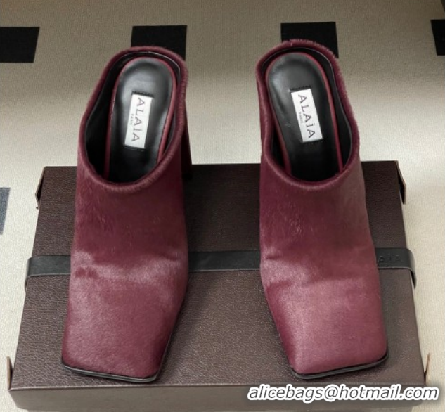 Good Quality Alaia Square Mules 10cm in Haircalf Burgundy AL102908 1029136
