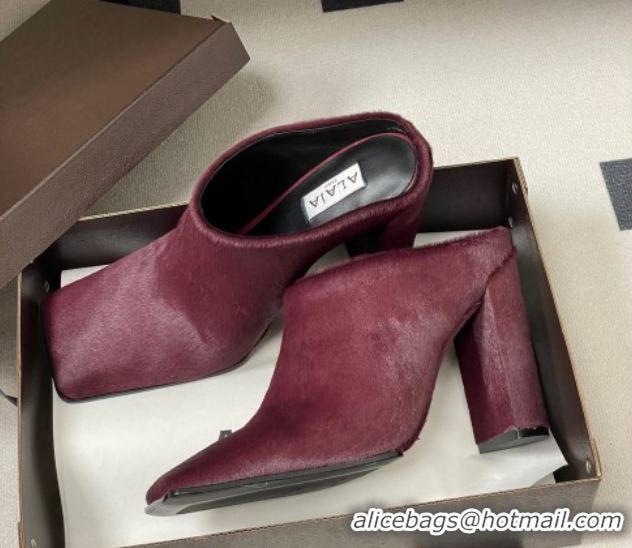 Good Quality Alaia Square Mules 10cm in Haircalf Burgundy AL102908 1029136