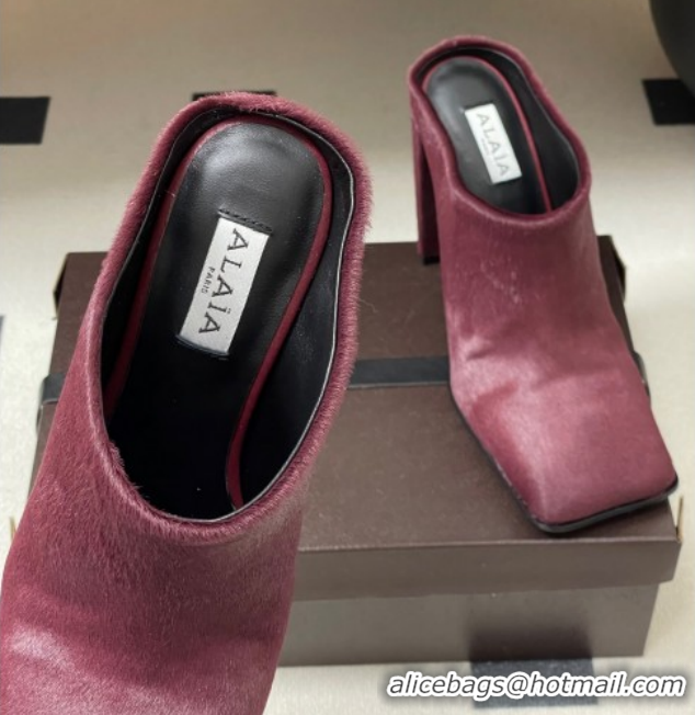 Good Quality Alaia Square Mules 10cm in Haircalf Burgundy AL102908 1029136