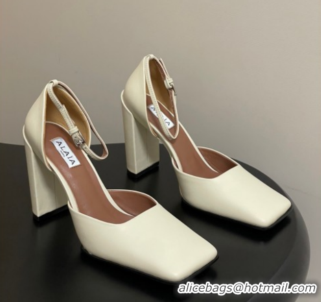 Buy Luxury Alaia Square D'Orsay Mary Janes Pumps 10cm in Calf Leather White 2026 AL102909 1029139