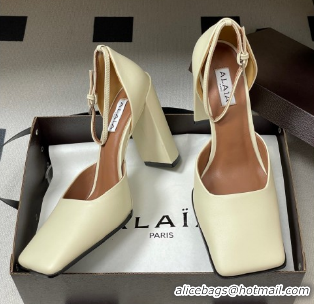 Buy Luxury Alaia Square D'Orsay Mary Janes Pumps 10cm in Calf Leather White 2026 AL102909 1029139