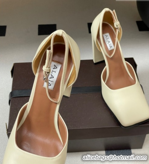 Buy Luxury Alaia Square D'Orsay Mary Janes Pumps 10cm in Calf Leather White 2026 AL102909 1029139