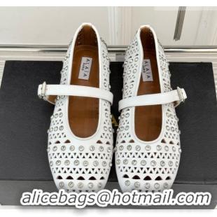 Top Grade Alaia Ballet Flats in Openwork Leather with Eyelet with Strass White 2026 AL102910 1029141