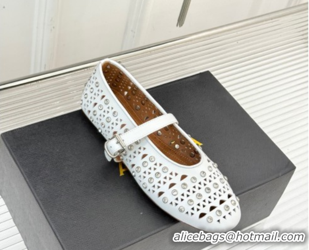 Top Grade Alaia Ballet Flats in Openwork Leather with Eyelet with Strass White 2026 AL102910 1029141