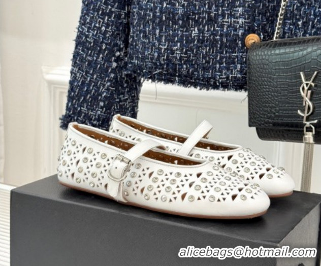 Top Grade Alaia Ballet Flats in Openwork Leather with Eyelet with Strass White 2026 AL102910 1029141