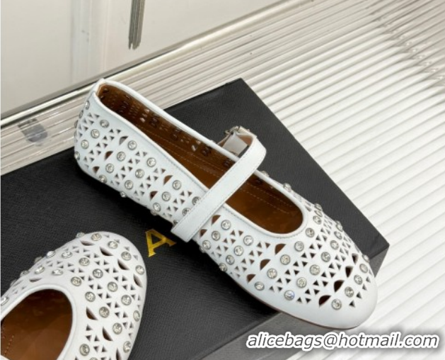 Top Grade Alaia Ballet Flats in Openwork Leather with Eyelet with Strass White 2026 AL102910 1029141