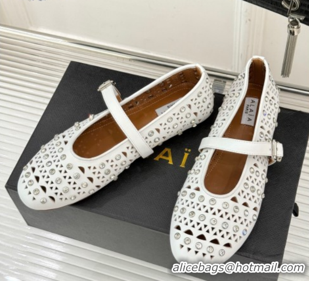 Top Grade Alaia Ballet Flats in Openwork Leather with Eyelet with Strass White 2026 AL102910 1029141