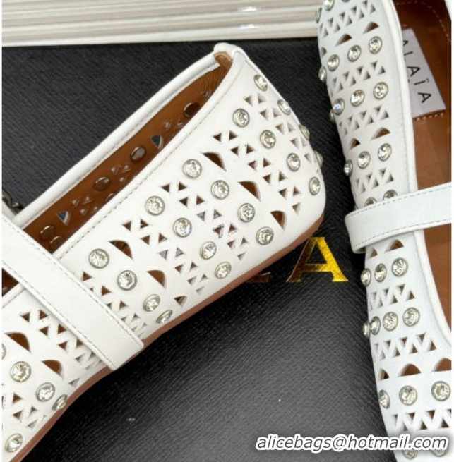 Top Grade Alaia Ballet Flats in Openwork Leather with Eyelet with Strass White 2026 AL102910 1029141