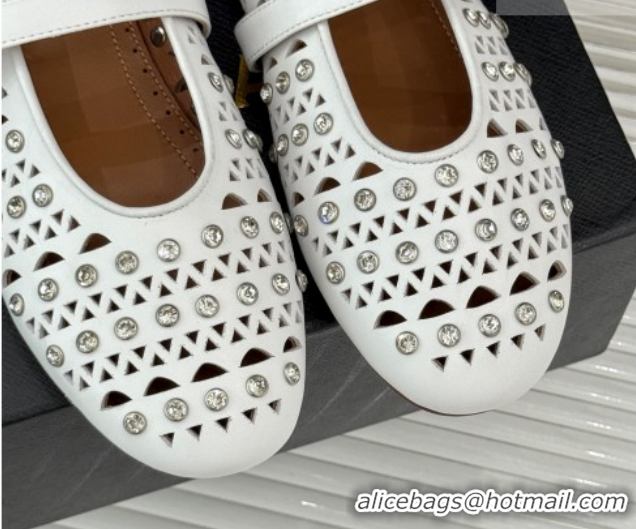 Top Grade Alaia Ballet Flats in Openwork Leather with Eyelet with Strass White 2026 AL102910 1029141